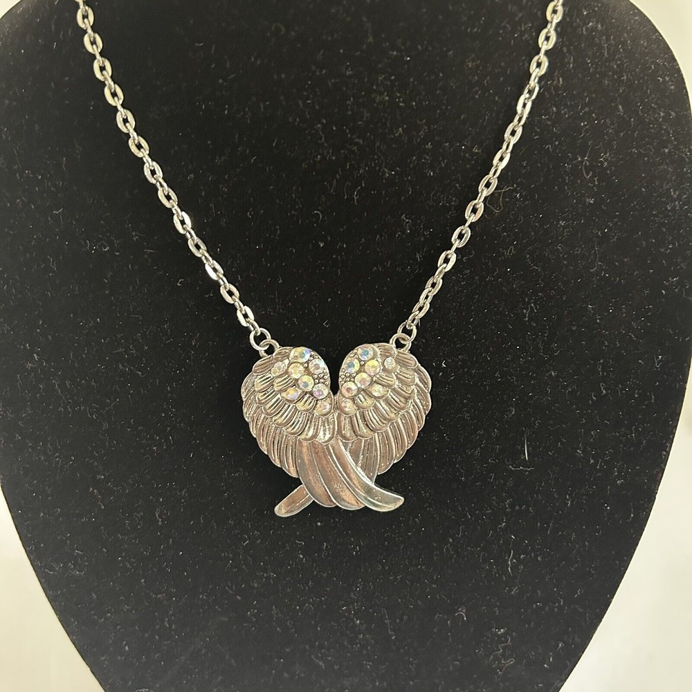Angel Wing Heart Pendant Necklace AB Crystal Silver Tone Metal Fashion - Picture 5 of 5